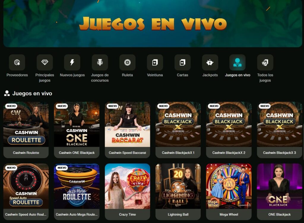 La sección de Live Casino en Cashwin